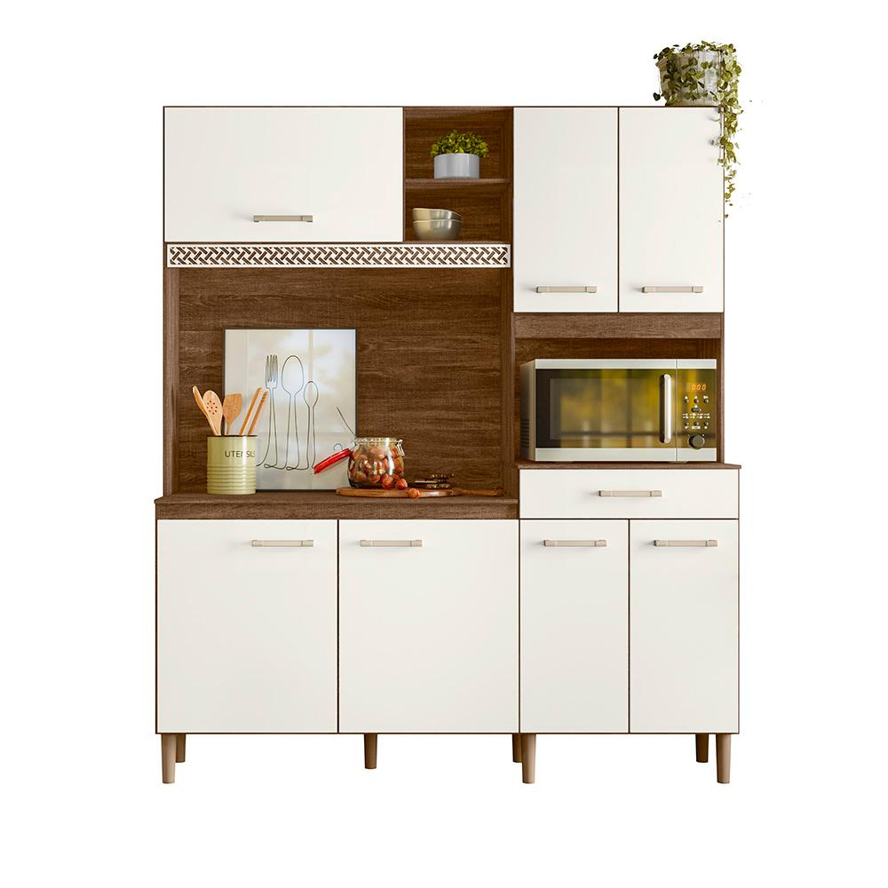 Armario Cozinha 7 Portas e 1 Gaveta Yara Off White Cristal/Evora Rustico