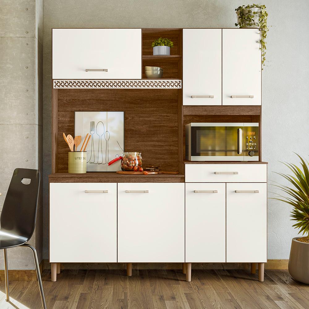 Armario Cozinha 7 Portas e 1 Gaveta Yara Off White Cristal/Evora Rustico