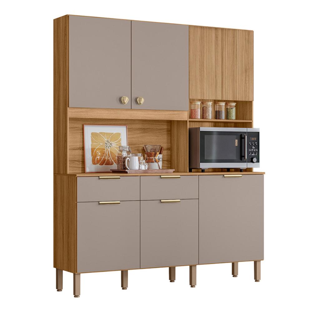 Armario Cozinha Compacta Tropical 160cm 7 Portas e 2 Gavetas Freijo/Fendy/Ripado
