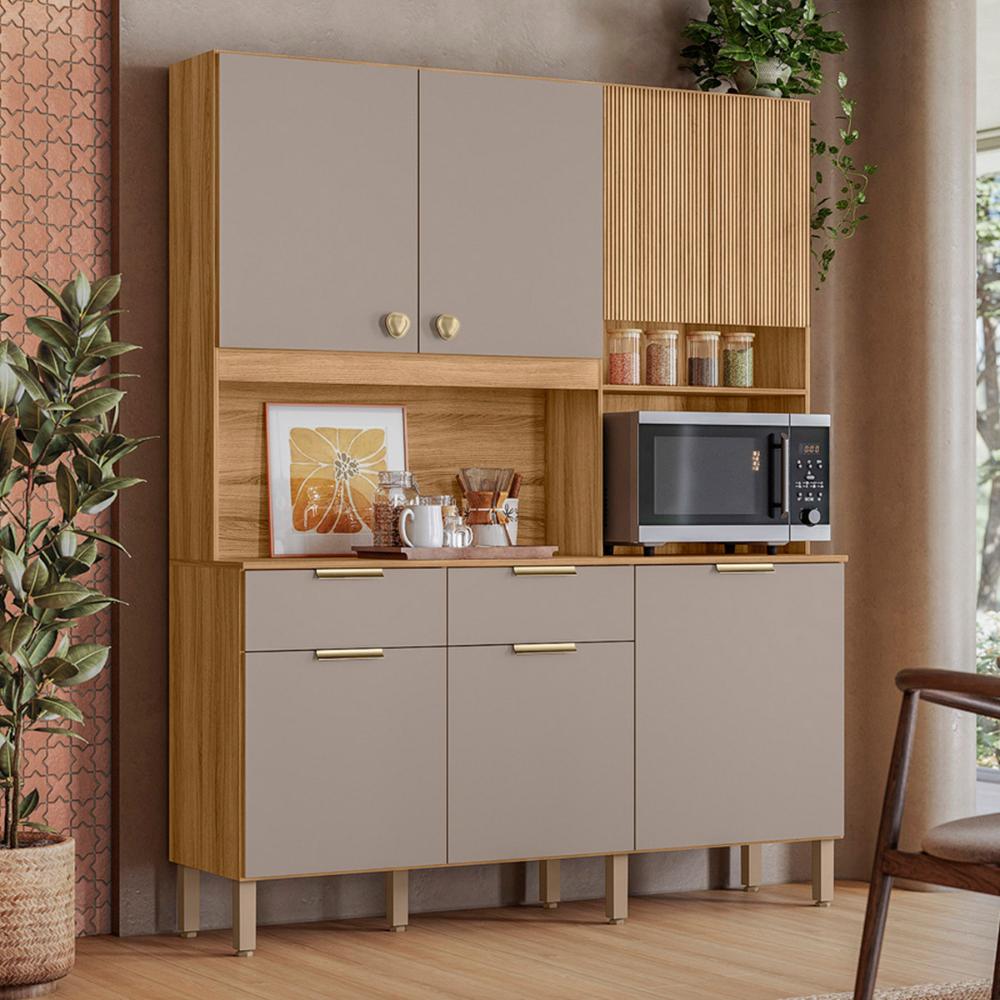 Armario Cozinha Compacta Tropical 160cm 7 Portas e 2 Gavetas Freijo/Fendy/Ripado
