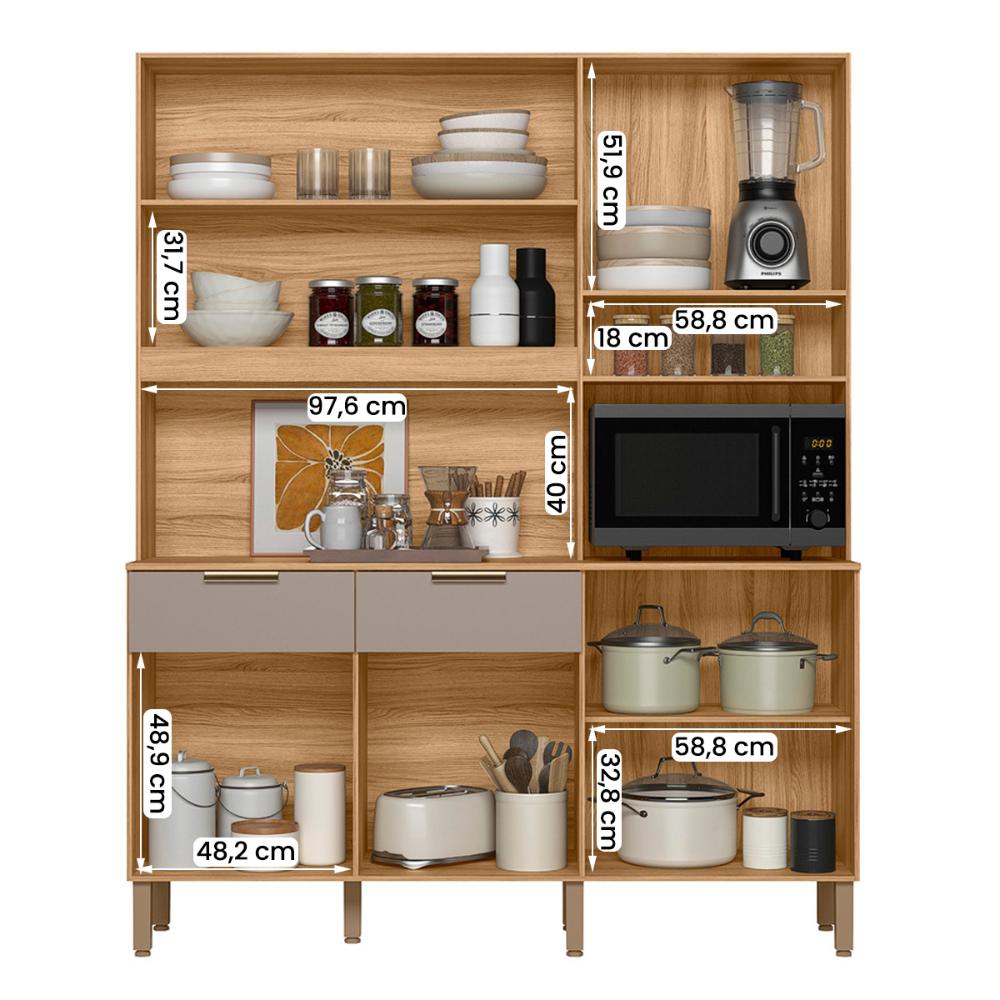 Armario Cozinha Compacta Tropical 160cm 7 Portas e 2 Gavetas Freijo/Fendy/Ripado