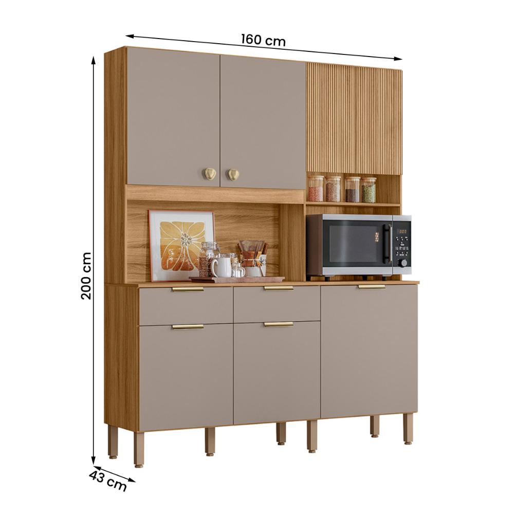 Armario Cozinha Compacta Tropical 160cm 7 Portas e 2 Gavetas Freijo/Fendy/Ripado