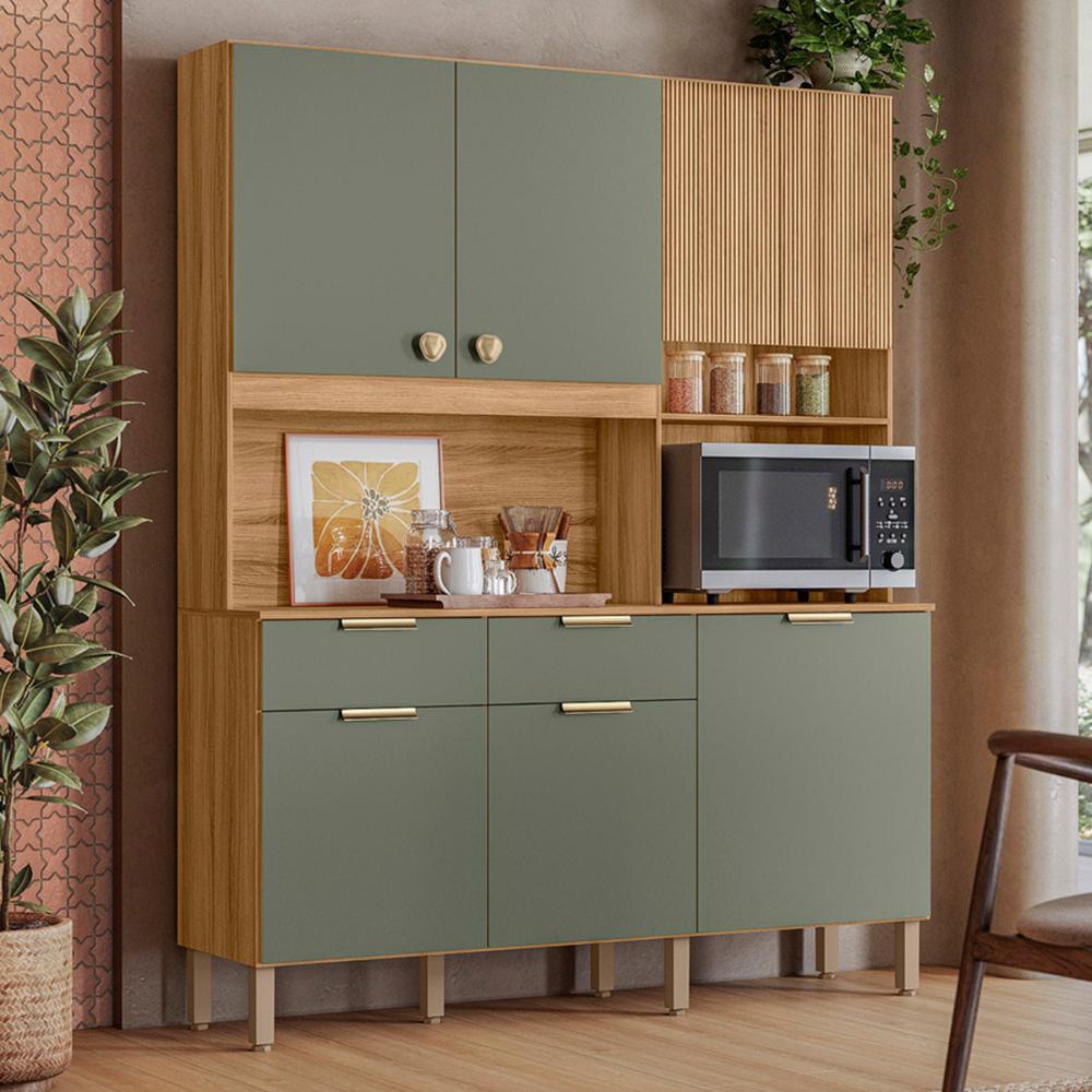 Armario Cozinha Compacta Tropical 160cm 7 Portas e 2 Gavetas Freijo/Verde/Ripado