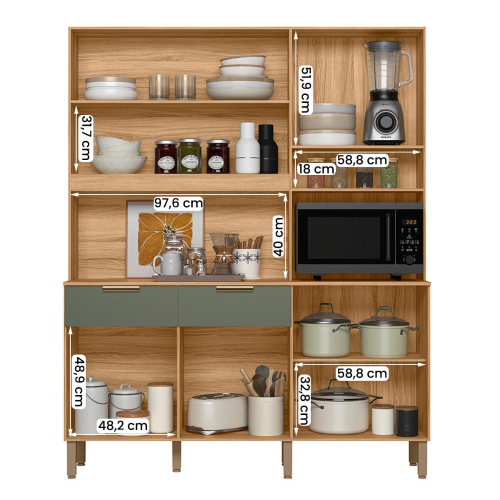 Armario Cozinha Compacta Tropical 160cm 7 Portas e 2 Gavetas Freijo/Verde/Ripado