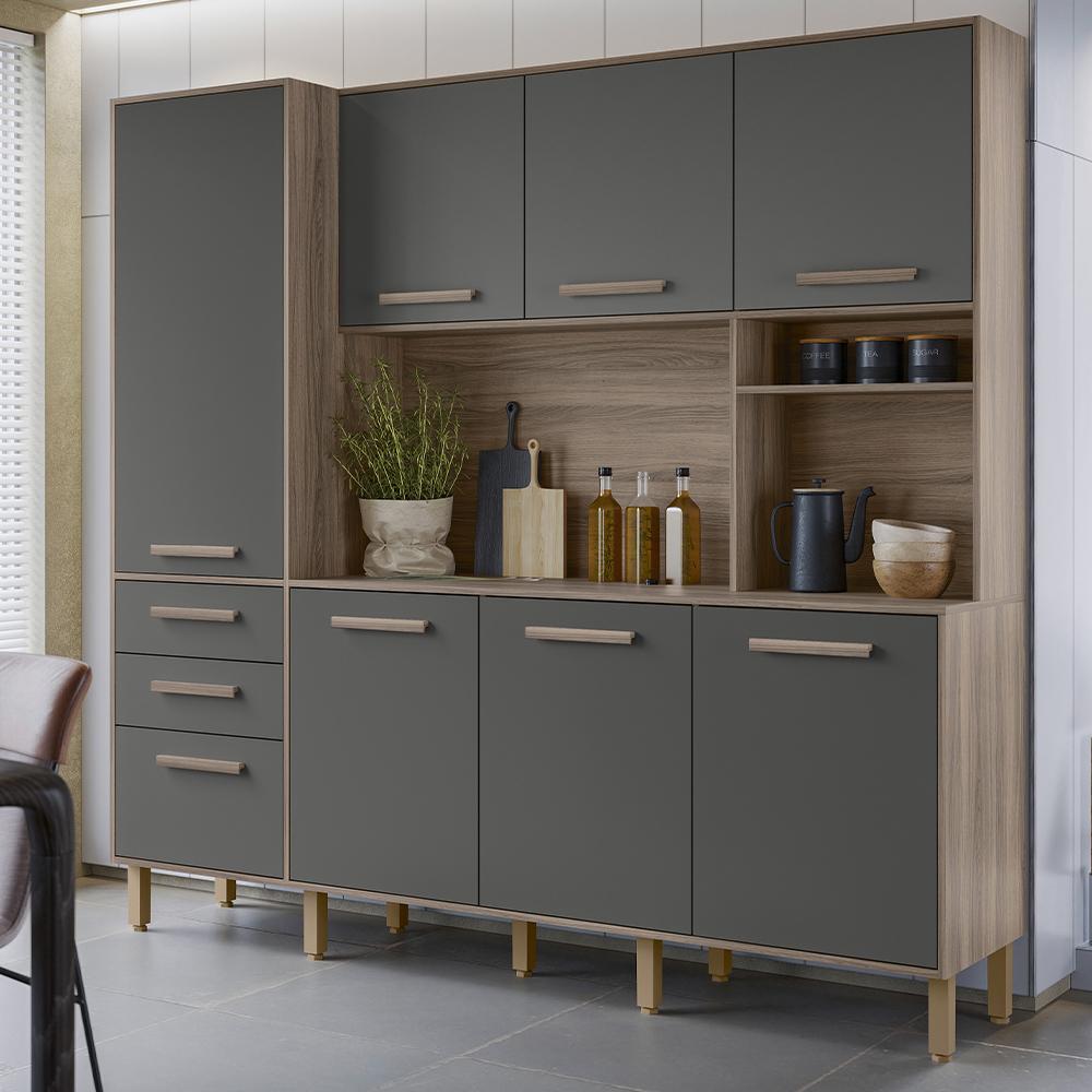 Armario Cozinha Elegance 7 Portas e 3 Gavetas Carvalho Nature/Chumbo