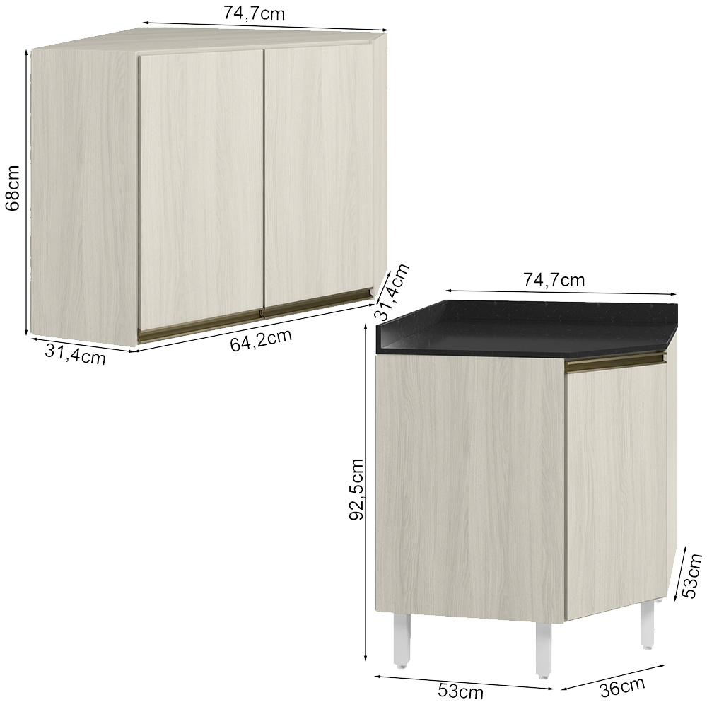 Armario E Balcao Canto Obliquo 75cm MDF Kali Bianco Toq Bianco Toq Nicioli