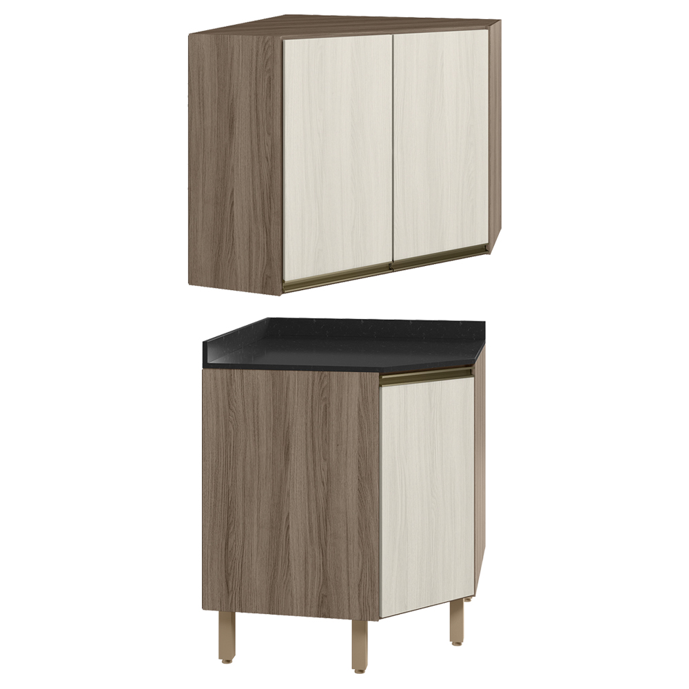 Armario E Balcao Canto Obliquo 75cm MDF Kali Carvalho Toq Bianco Toq Nicioli