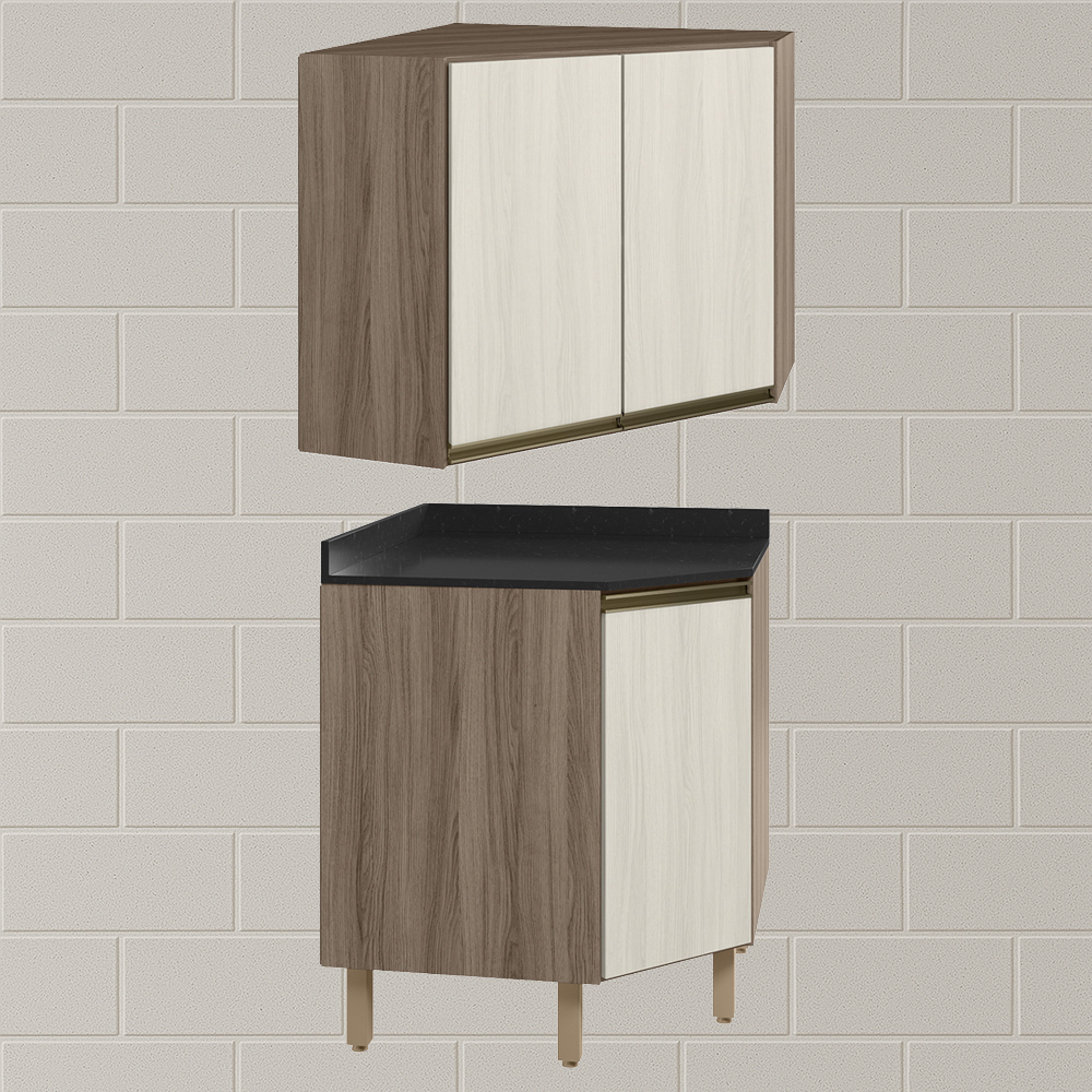 Armario E Balcao Canto Obliquo 75cm MDF Kali Carvalho Toq Bianco Toq Nicioli