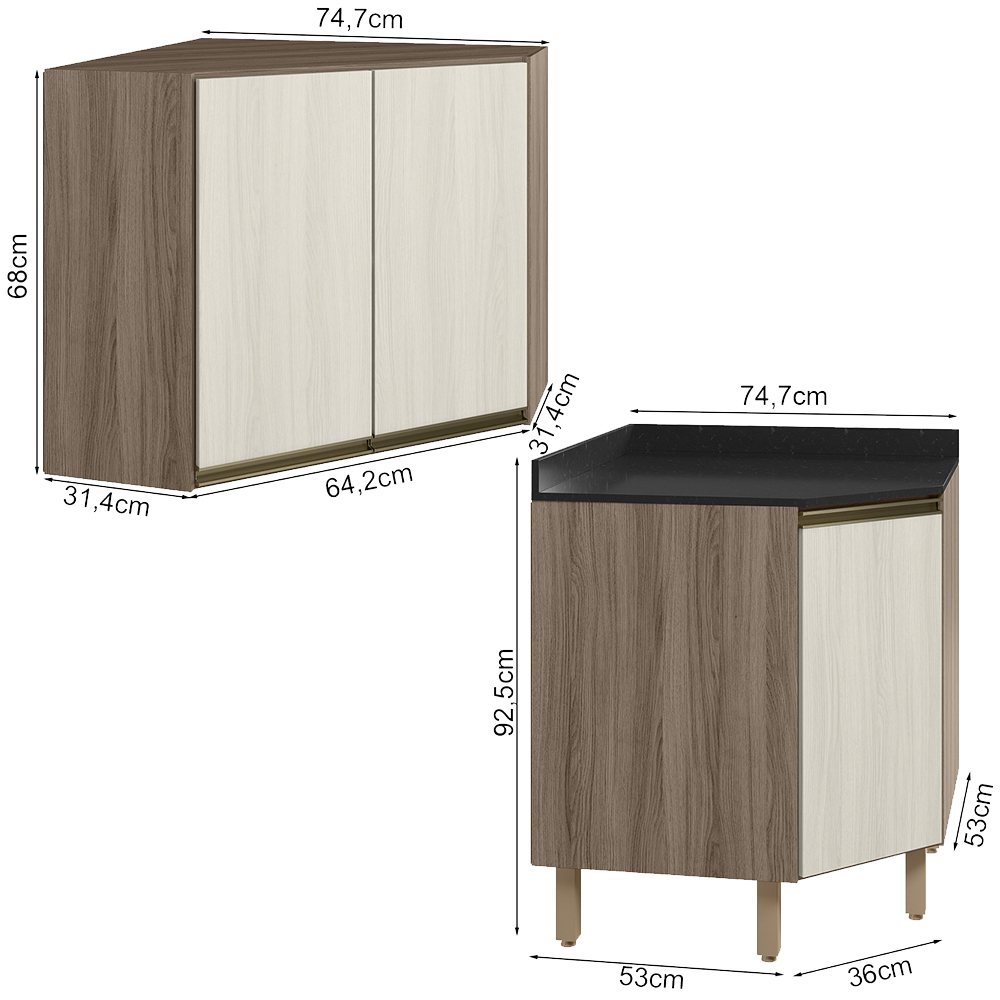 Armario E Balcao Canto Obliquo 75cm MDF Kali Carvalho Toq Bianco Toq Nicioli
