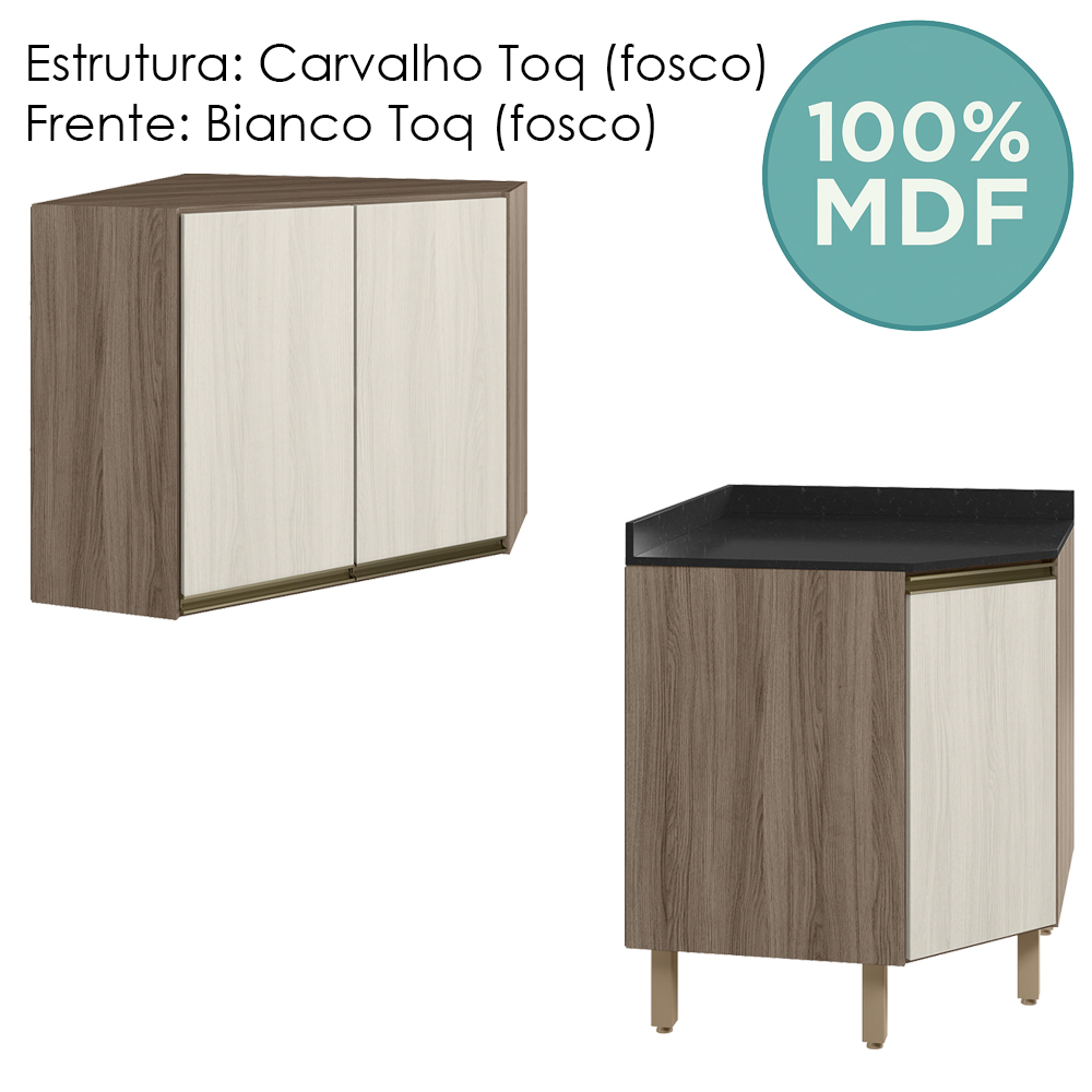 Armario E Balcao Canto Obliquo 75cm MDF Kali Carvalho Toq Bianco Toq Nicioli