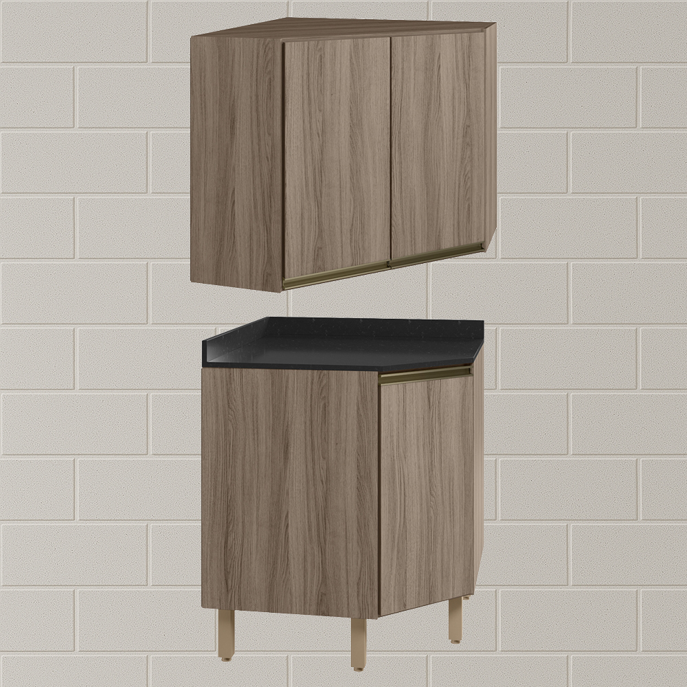 Armario E Balcao Canto Obliquo 75cm MDF Kali Carvalho Toq Carvalho Toq Nicioli