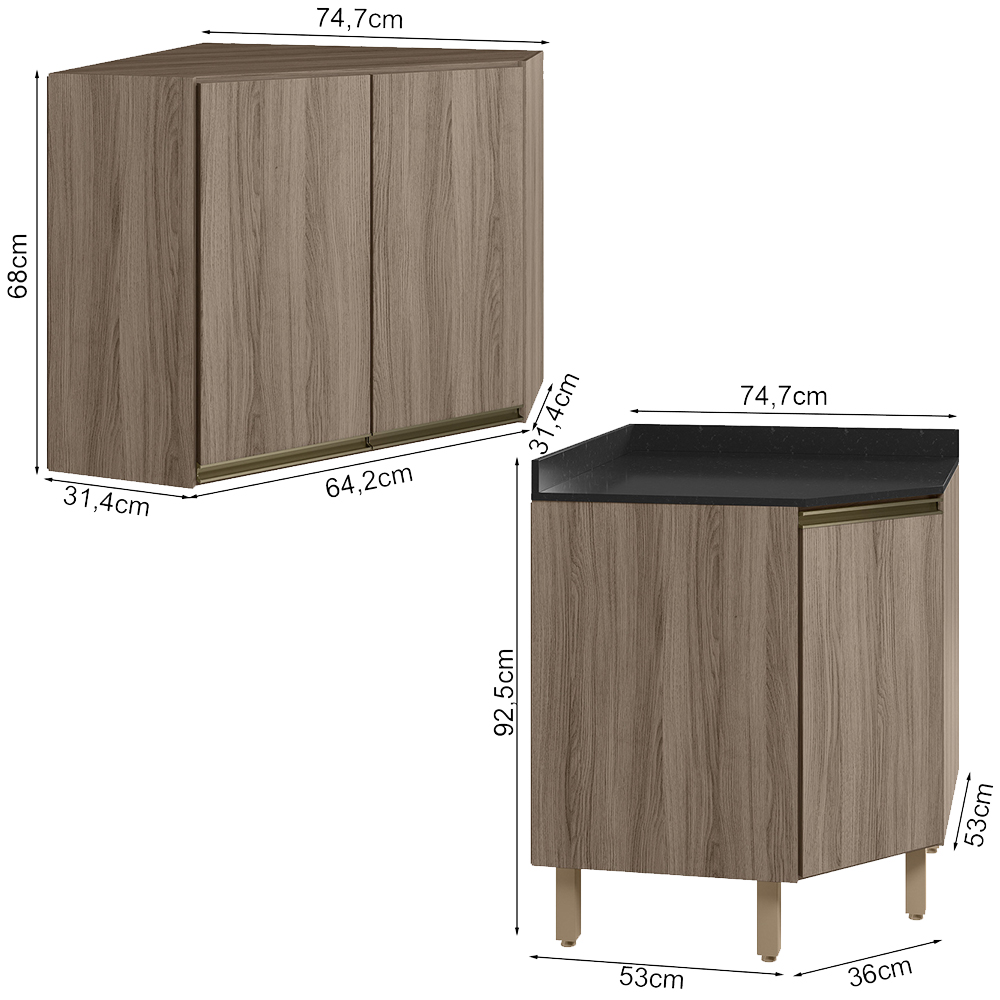 Armario E Balcao Canto Obliquo 75cm MDF Kali Carvalho Toq Carvalho Toq Nicioli