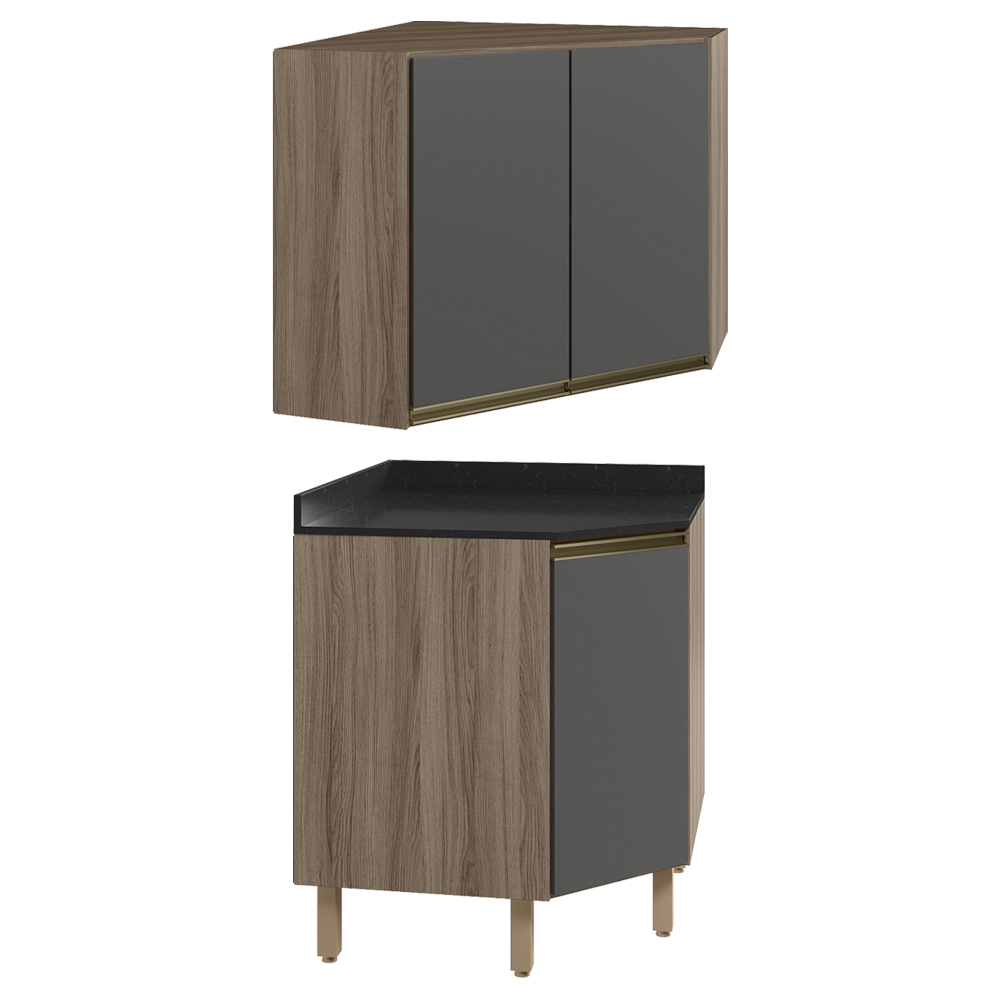 Armario E Balcao Canto Obliquo 75cm MDF Kali Carvalho Toq Chumbo Nicioli