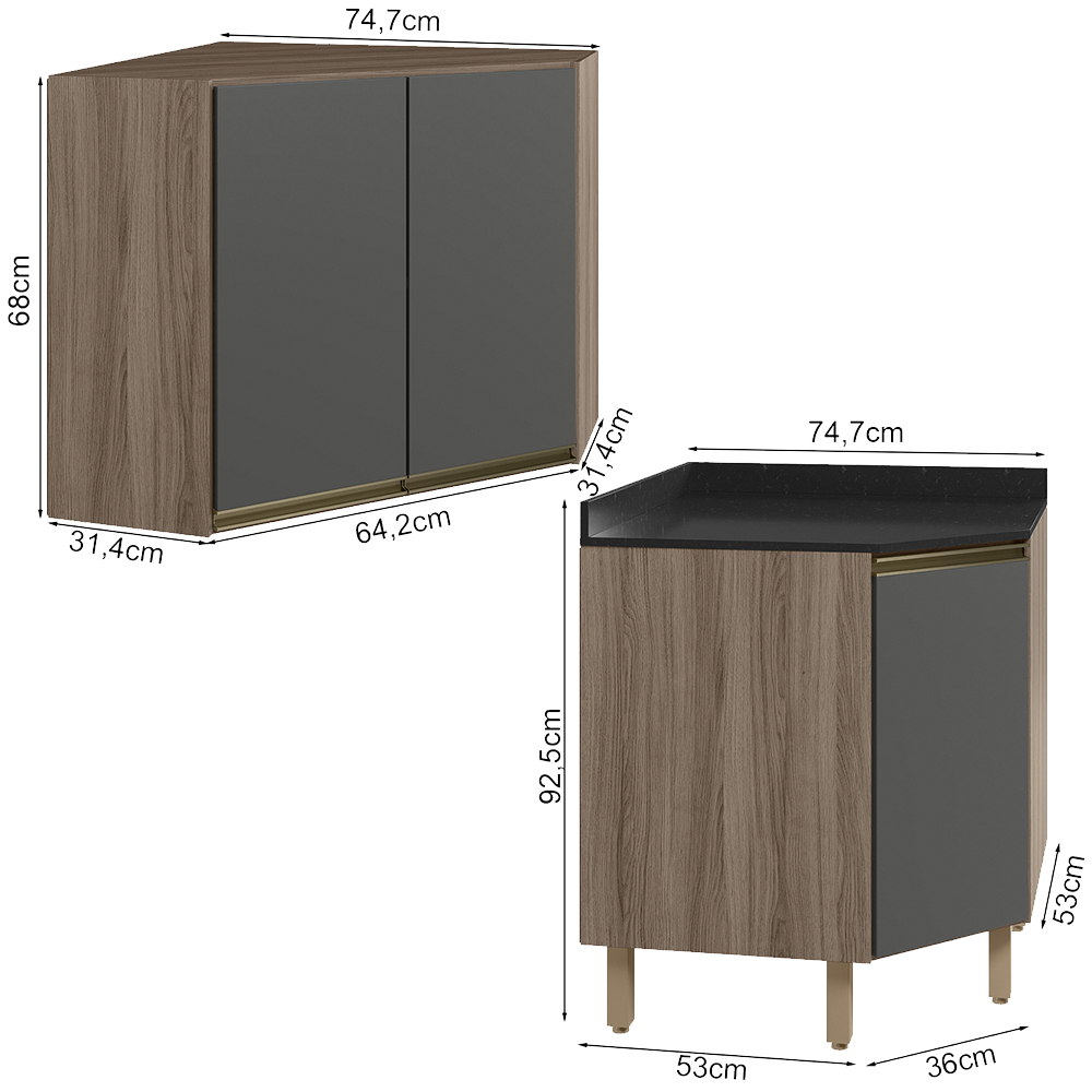 Armario E Balcao Canto Obliquo 75cm MDF Kali Carvalho Toq Chumbo Nicioli