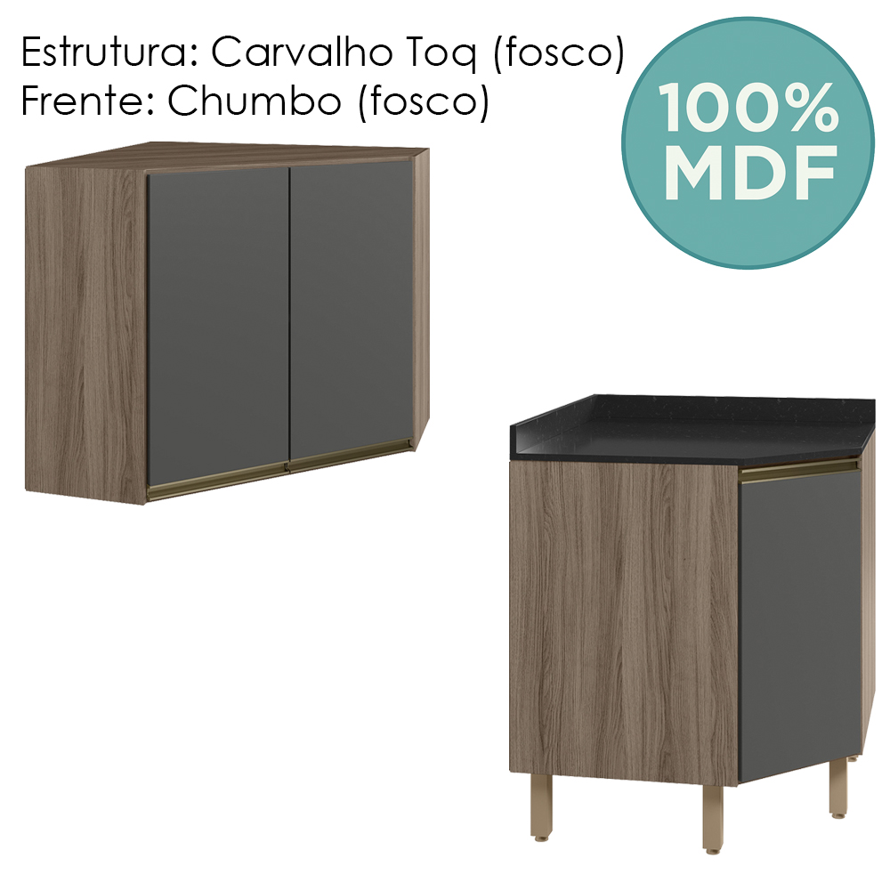 Armario E Balcao Canto Obliquo 75cm MDF Kali Carvalho Toq Chumbo Nicioli