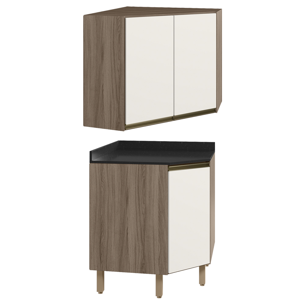 Armario E Balcao Canto Obliquo 75cm MDF Kali Carvalho Toq Off White Cetim Nicioli