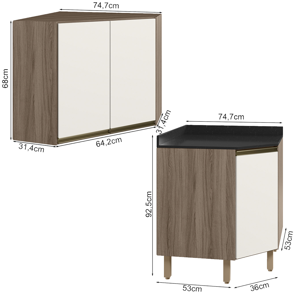 Armario E Balcao Canto Obliquo 75cm MDF Kali Carvalho Toq Off White Cetim Nicioli