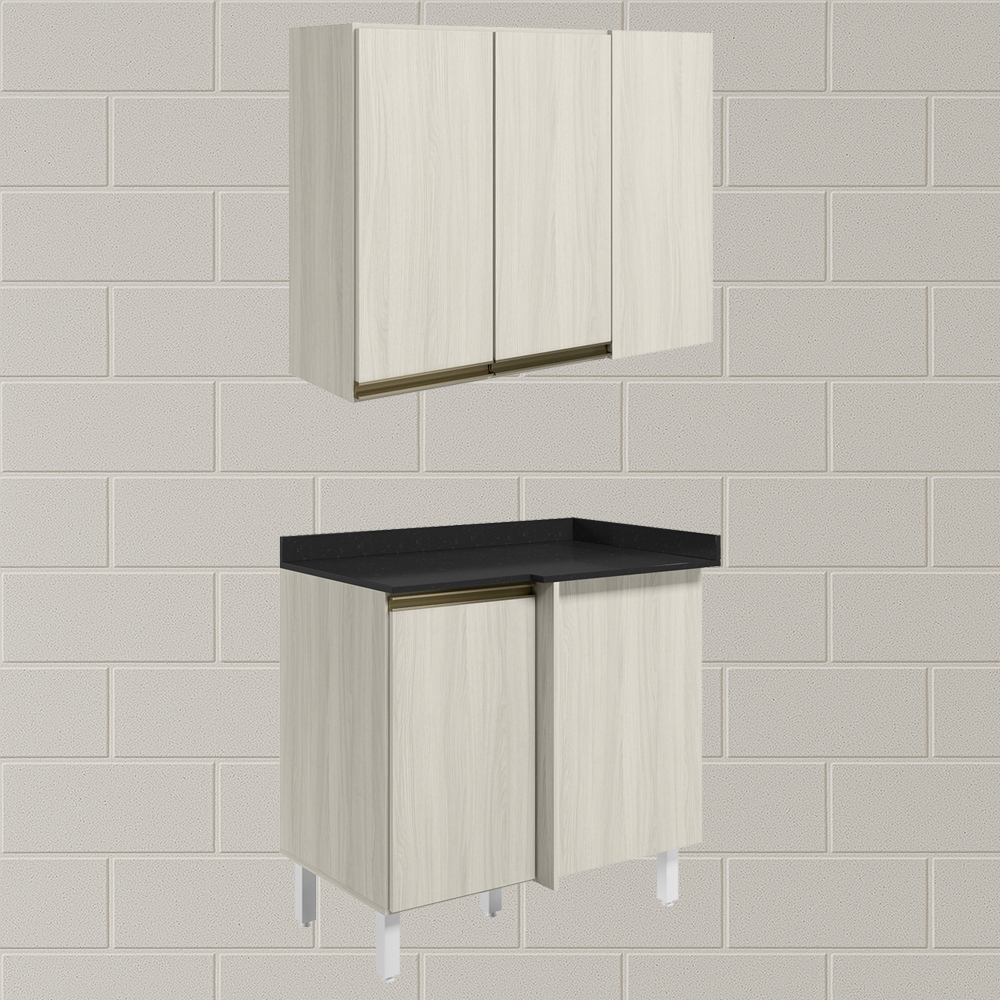 Armario E Balcao Canto Reto 89cm MDF Kali Bianco Toq Bianco Toq Nicioli