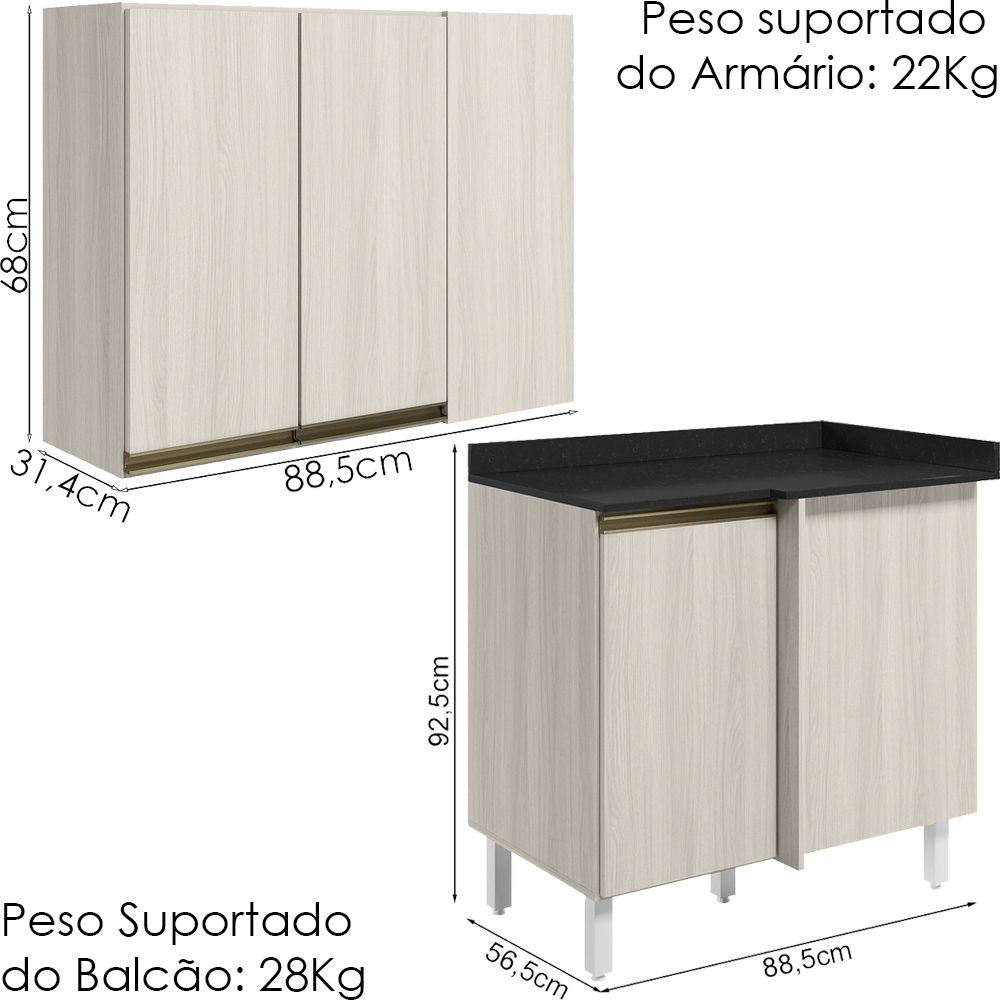 Armario E Balcao Canto Reto 89cm MDF Kali Bianco Toq Bianco Toq Nicioli