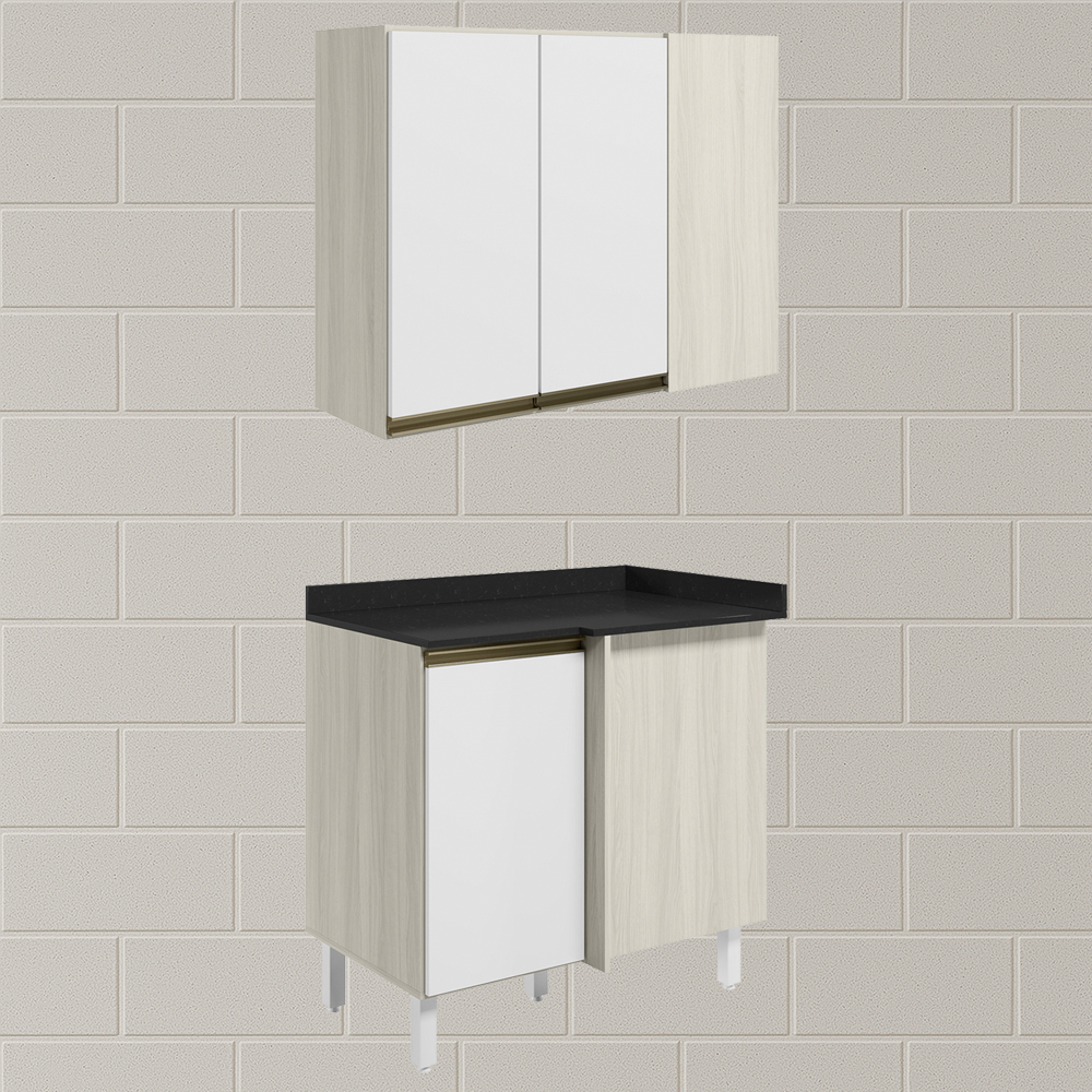 Armario E Balcao Canto Reto 89cm MDF Kali Bianco Toq Branco Uv Nicioli