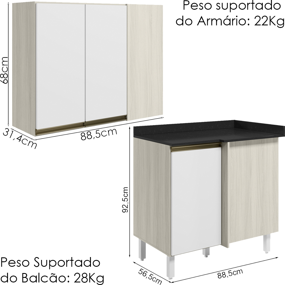 Armario E Balcao Canto Reto 89cm MDF Kali Bianco Toq Branco Uv Nicioli