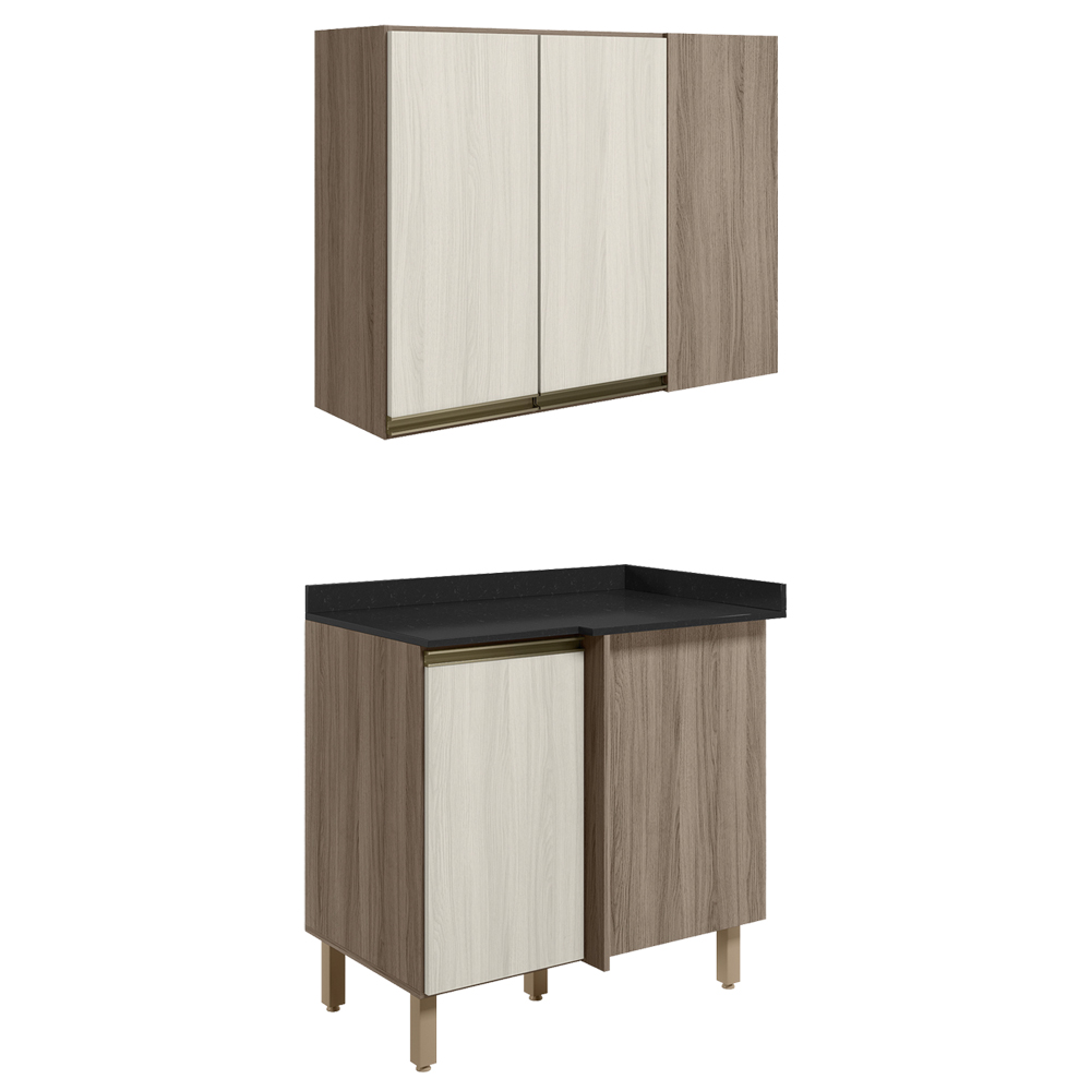 Armario E Balcao Canto Reto 89cm MDF Kali Carvalho Toq Bianco Toq Nicioli