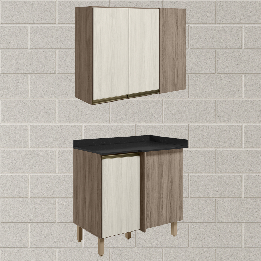 Armario E Balcao Canto Reto 89cm MDF Kali Carvalho Toq Bianco Toq Nicioli