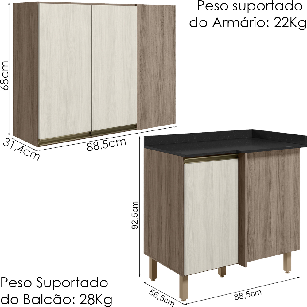 Armario E Balcao Canto Reto 89cm MDF Kali Carvalho Toq Bianco Toq Nicioli