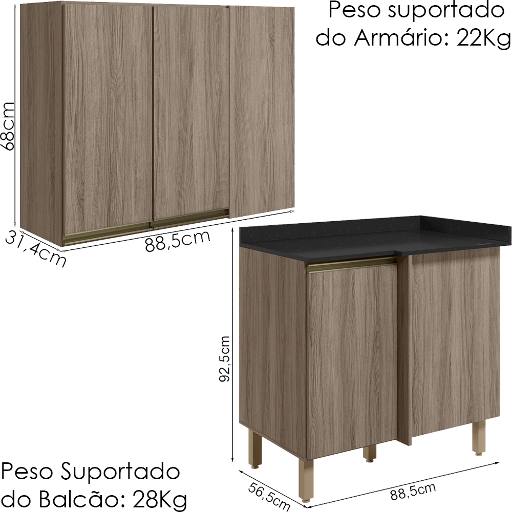 Armario E Balcao Canto Reto 89cm MDF Kali Carvalho Toq Carvalho Toq Nicioli