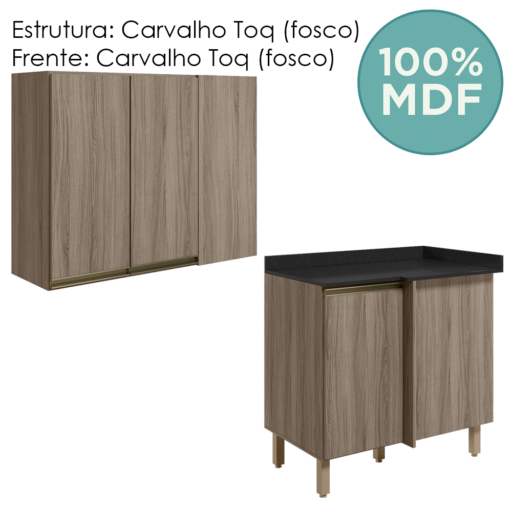 Armario E Balcao Canto Reto 89cm MDF Kali Carvalho Toq Carvalho Toq Nicioli