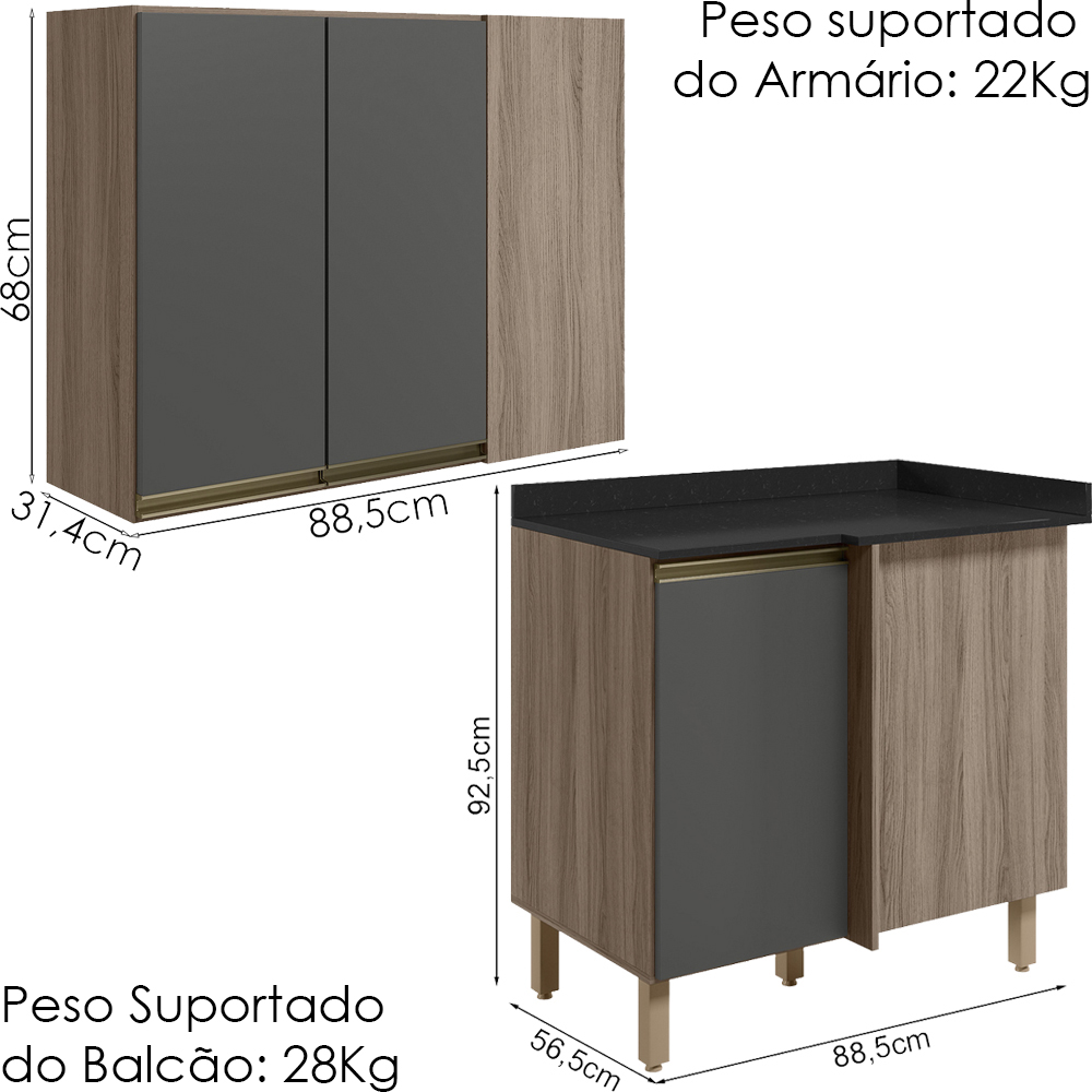 Armario E Balcao Canto Reto 89cm MDF Kali Carvalho Toq Chumbo Nicioli