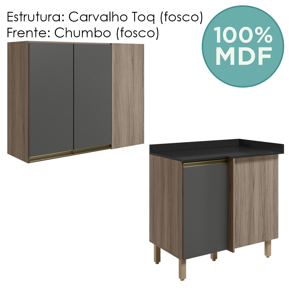 Armario E Balcao Canto Reto 89cm MDF Kali Carvalho Toq Chumbo Nicioli