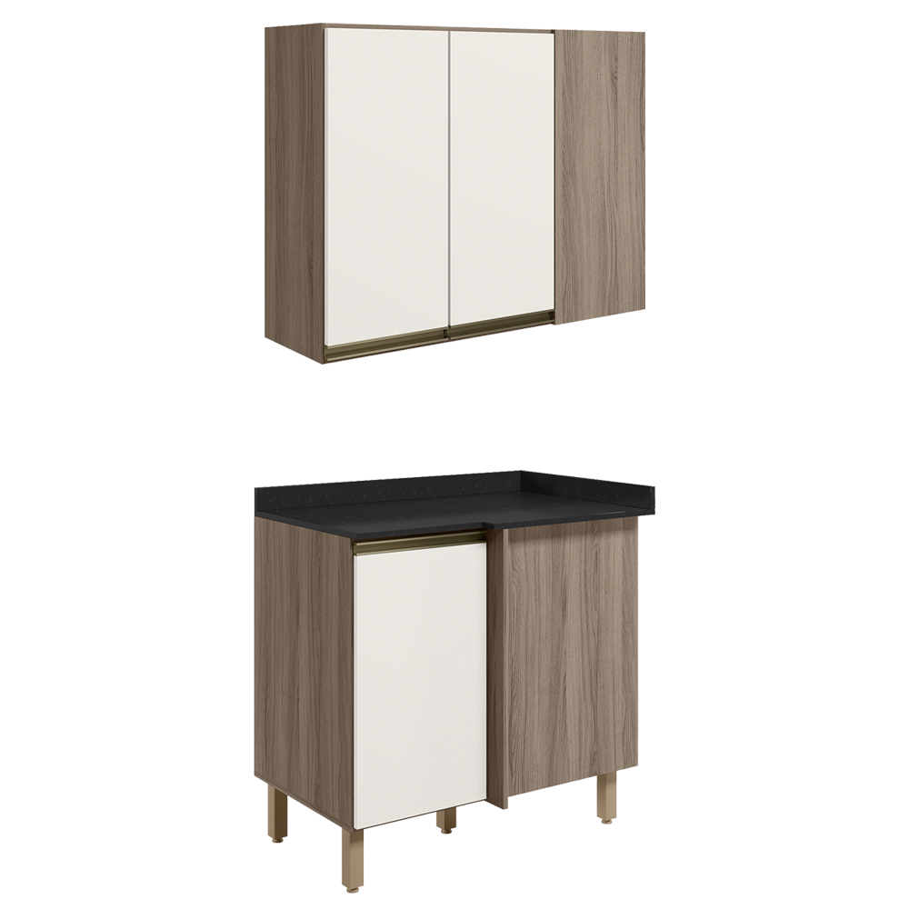 Armario E Balcao Canto Reto 89cm MDF Kali Carvalho Toq Off White Cetim Nicioli