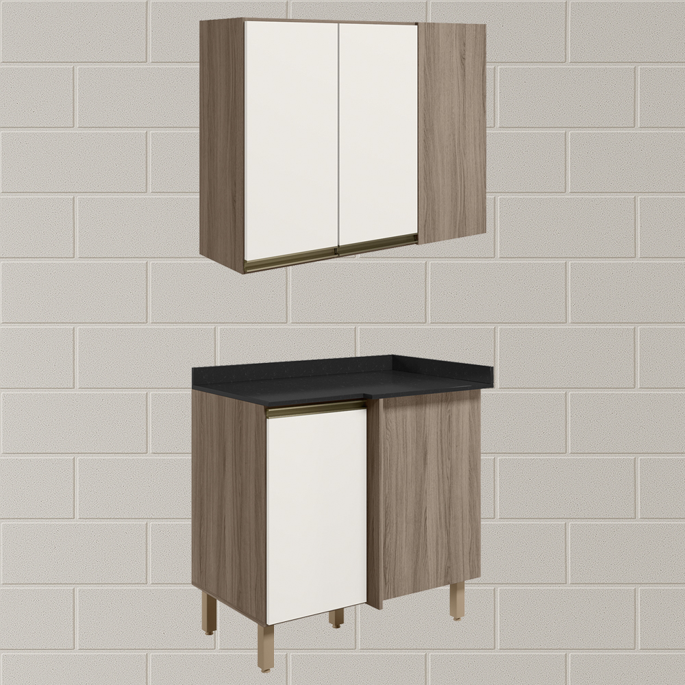 Armario E Balcao Canto Reto 89cm MDF Kali Carvalho Toq Off White Cetim Nicioli