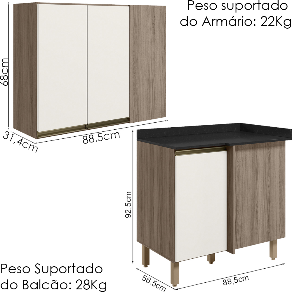 Armario E Balcao Canto Reto 89cm MDF Kali Carvalho Toq Off White Cetim Nicioli