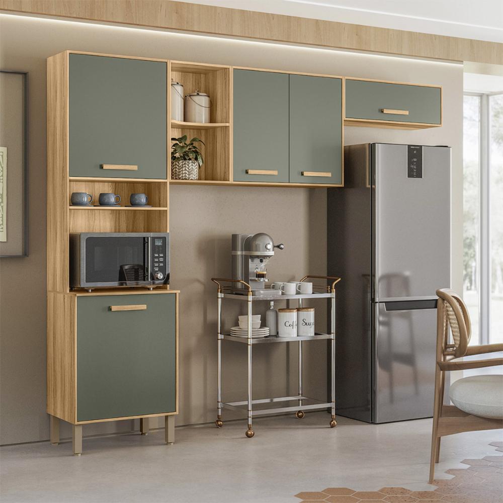 Armario de Cozinha Compacta Maria Flor com 5 Portas Freijo/Verde