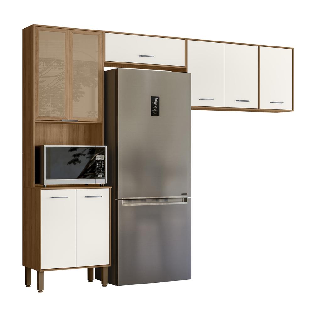Armario de Cozinha Compacta Paolla 261,2 cm com 8 Portas Ipe/Off White