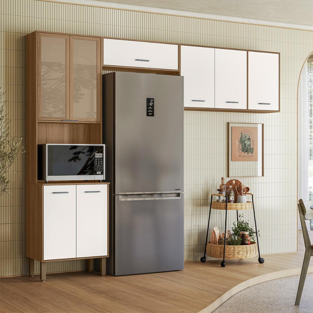 Armario de Cozinha Compacta Paolla 261,2 cm com 8 Portas Ipe/Off White