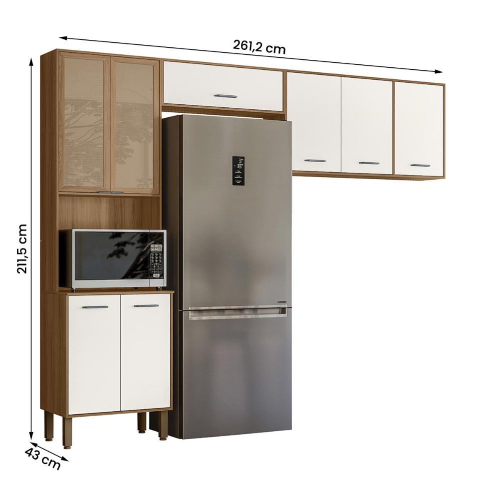 Armario de Cozinha Compacta Paolla 261,2 cm com 8 Portas Ipe/Off White