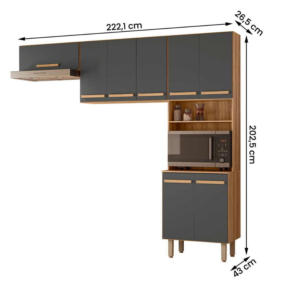 Armario de Cozinha Lemon com 8 Portas 222 cm Freijo/Chumbo