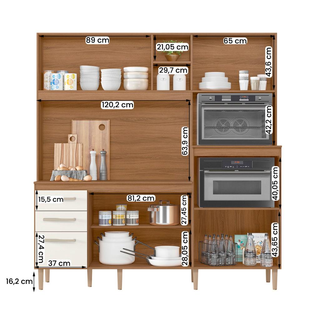 Armario de Cozinha Piatã com 7 Portas e 3 Gavetas 190 cm Ipe/Off White/Ripado