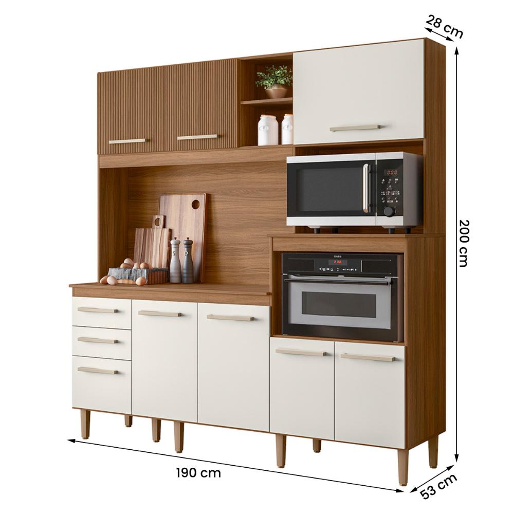 Armario de Cozinha Piatã com 7 Portas e 3 Gavetas 190 cm Ipe/Off White/Ripado