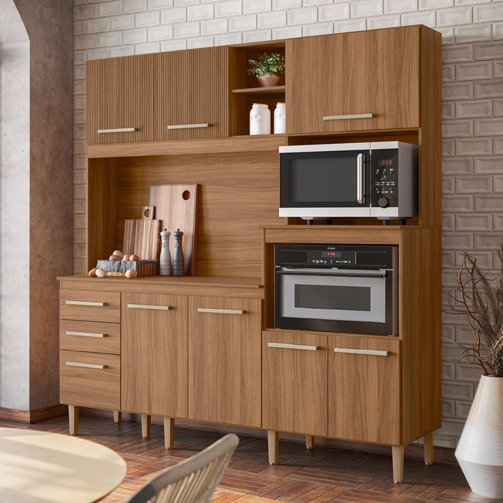 Armario de Cozinha Piatã com 7 Portas e 3 Gavetas 190 cm Ipe/Ripado