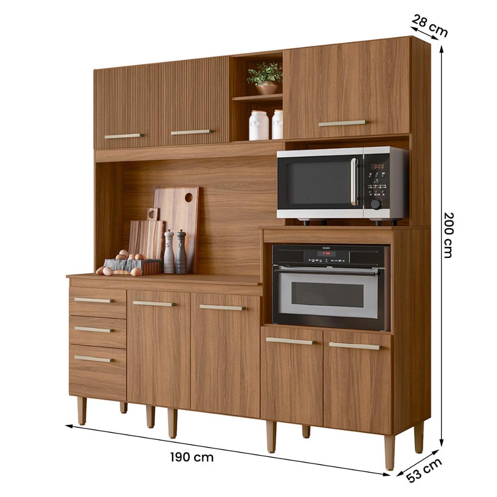 Armario de Cozinha Piatã com 7 Portas e 3 Gavetas 190 cm Ipe/Ripado