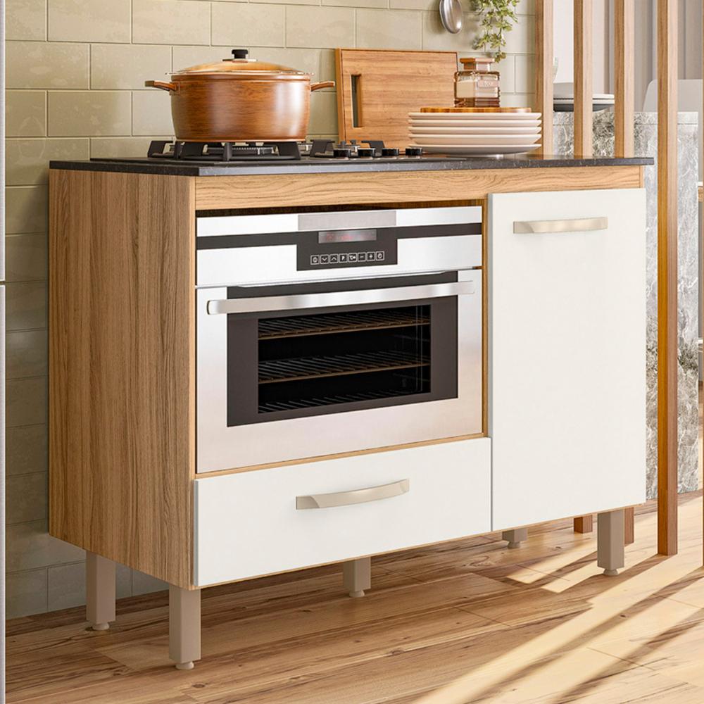 Balcão Cozinha para Cooktop 105cm com 1 Porta e 1 Gaveta Freijo/Off White
