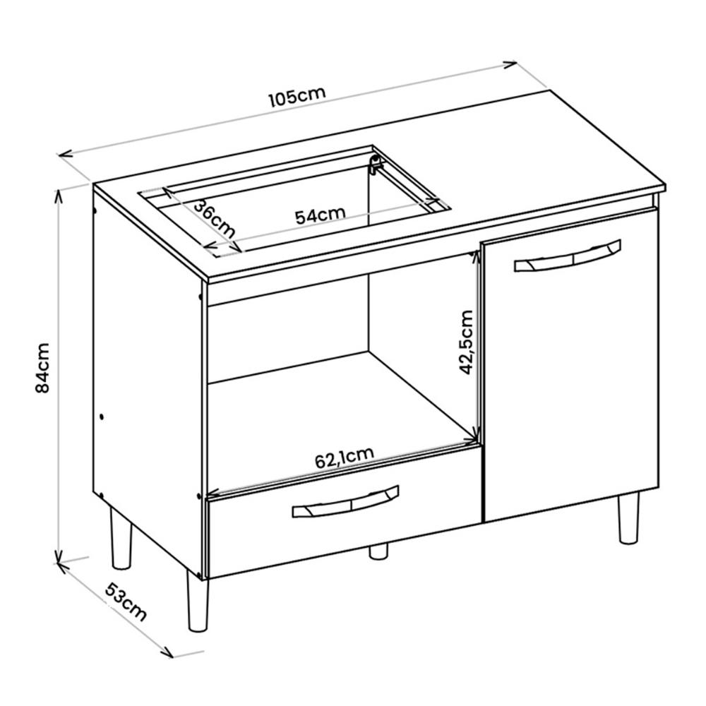 Balcão Cozinha para Cooktop 105cm com 1 Porta e 1 Gaveta Freijo/Off White
