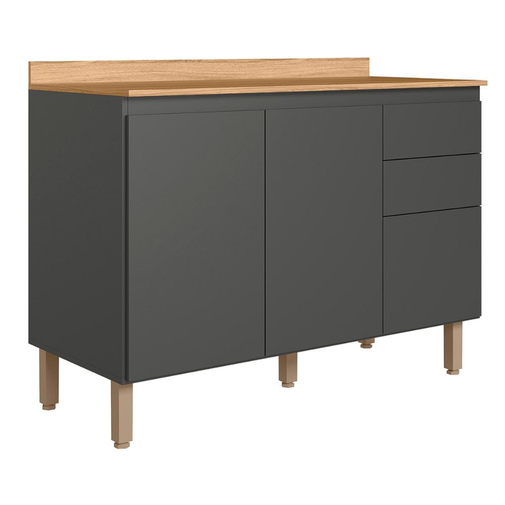 Balcão de Cozinha Acacia 120cm com Tampo 2 Portas 3 Gavetas Chumbo