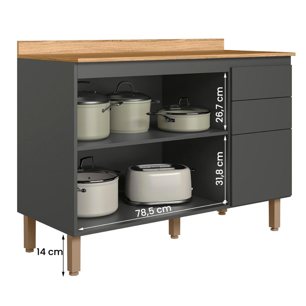 Balcão de Cozinha Acacia 120cm com Tampo 2 Portas 3 Gavetas Chumbo