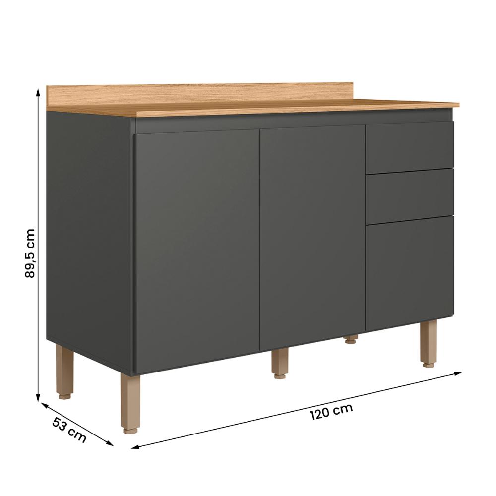 Balcão de Cozinha Acacia 120cm com Tampo 2 Portas 3 Gavetas Chumbo