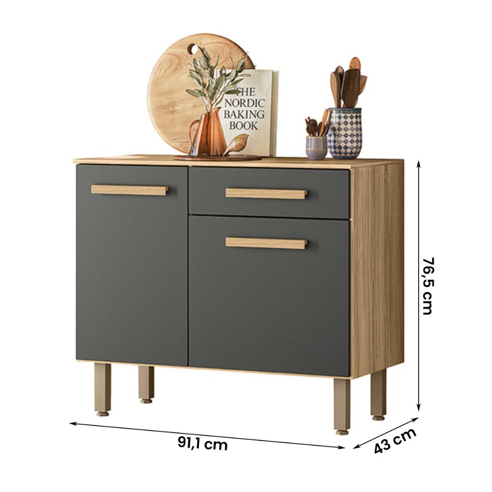 Balcão para Cozinha Lemon com 2 portas e 1 Gaveta 91 cm Freijo/Chumbo